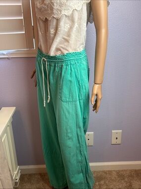 Kiss & Cry Beach Casual Teal Drawstring Linen Blend Pants